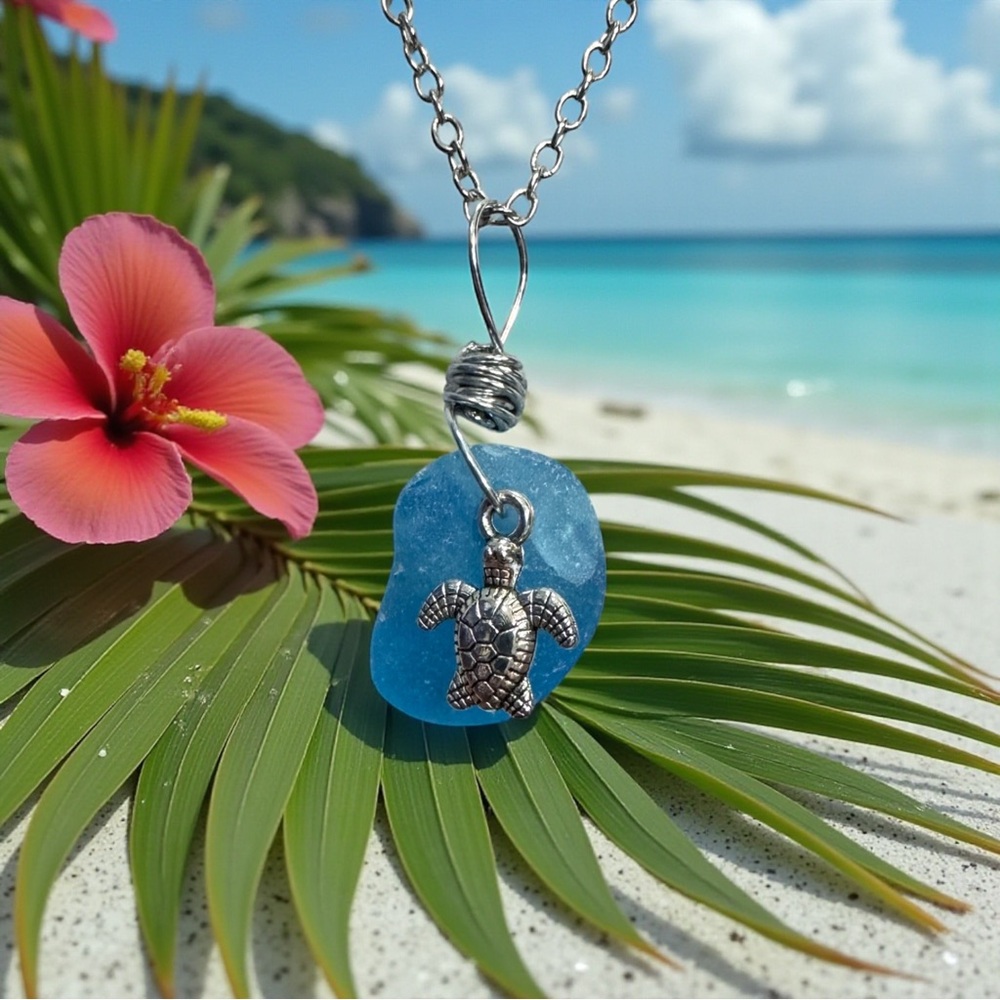 NWT OOAK Handmade Surf Tumbled Sea Glass & Sea Turtle Pendant Necklace